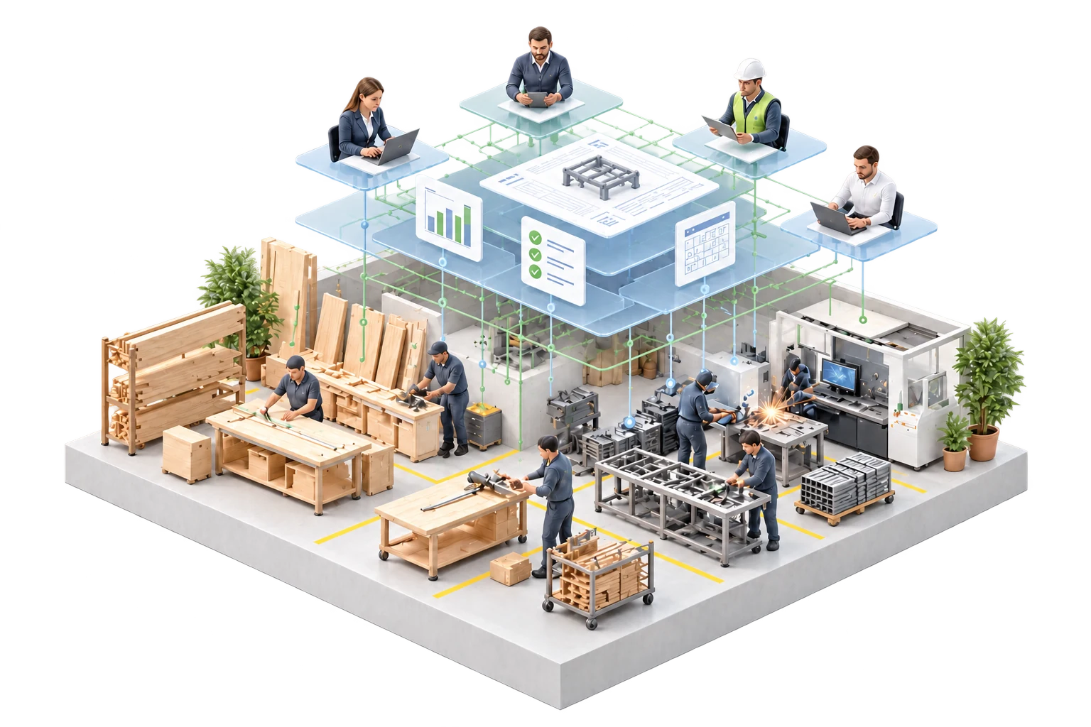 Ilustração conceptual de uma operação industrial ligada a conhecimento partilhado por diferentes funções.