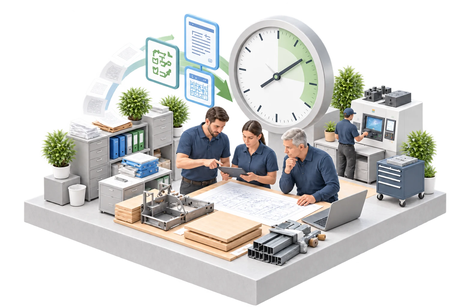 Ilustração conceptual de uma equipa industrial a colaborar com apoio de informação organizada.
